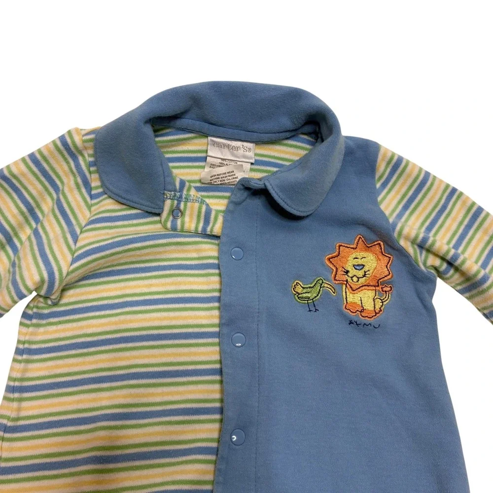 Vintage Carter's Baby 6-9M Footed‎ Sleeper Blue Striped Lion Snap Romper